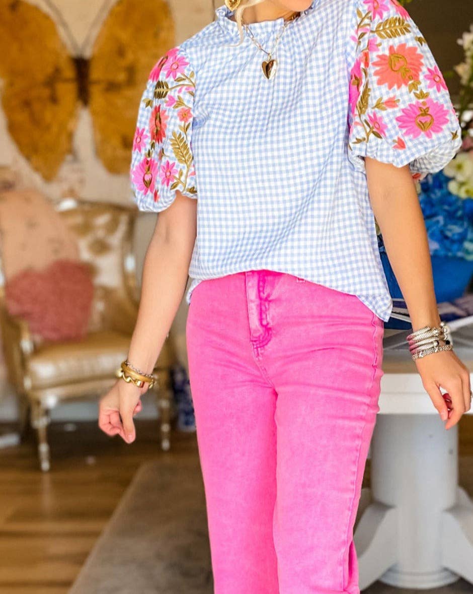 Light Blue Gingham Floral Embroidered Puff Sleeve Blouse, available in sizes XS-XL.