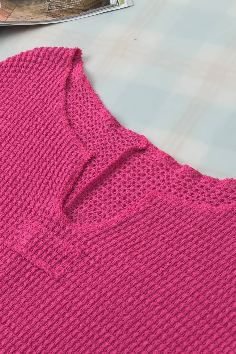 Women Textured Knit Split Neck Short Sleeve Top