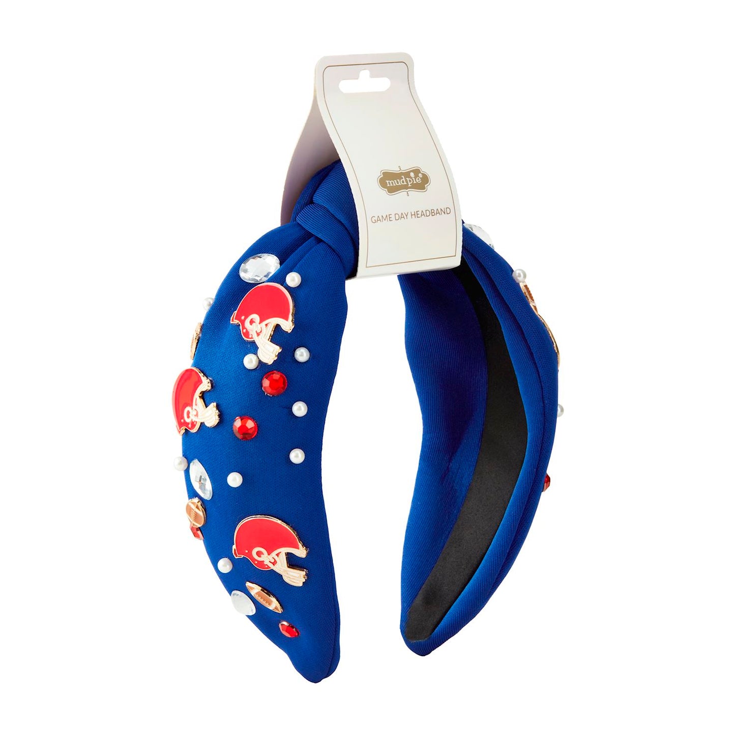 Blue Gameday Headband with red helmet charms, white pearls, rhinestones, "GAME DAY HEADBAND" tag. Available in one size.
