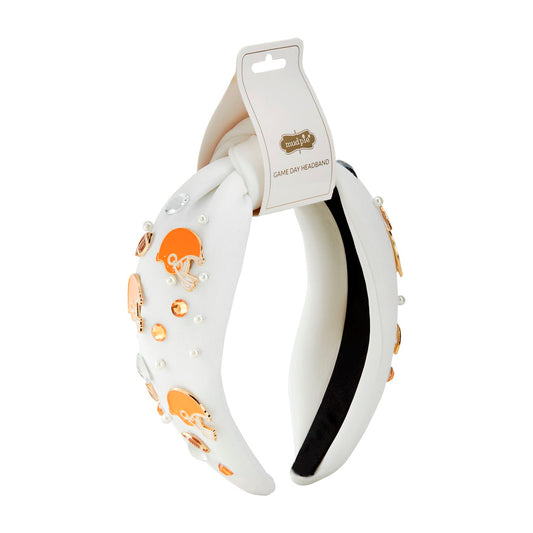 White headband with orange football helmet, rhinestones, black lining, "GAME DAY HEADBAND" tag; sizes S-L.