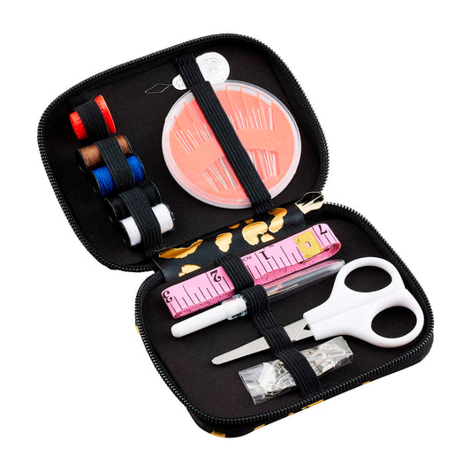A Leopard Sewing Kit case open, featuring multi-colored threads, silver scissors, a white measuring tape, needles, a seam ripper, safety pins, buttons, and a needle threader. Organized in elastic bands and compartments within the zippered case. Available size: Standard.