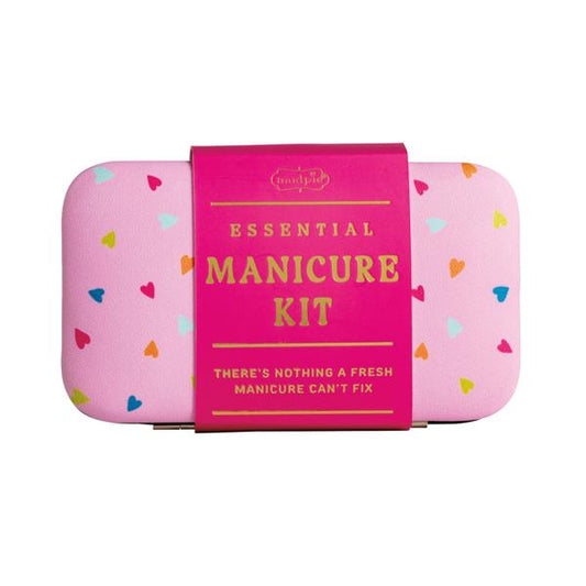 Pink Essential Manicure Kit case with colorful hearts, bright pink label quote. Available in small, medium, and large sizes.