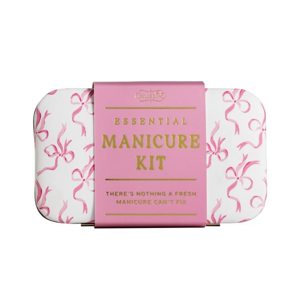 Rectangular nail care set case, white with pink ribbon pattern, pink label with gold text; available in multiple sizes.