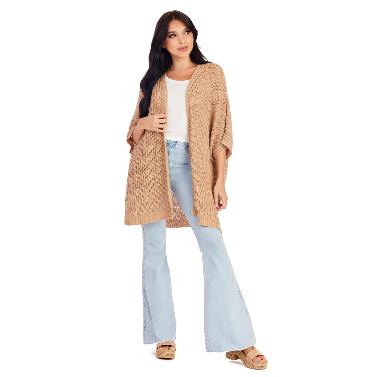 Brynn Cardigan in white, open-front design. Available in sizes XS–XL.