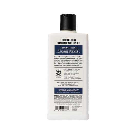 White Shampoo + Conditioner 2-in-1, Midnight Swim, black cap, dark blue label midsection. Available in 12oz and 24oz sizes.