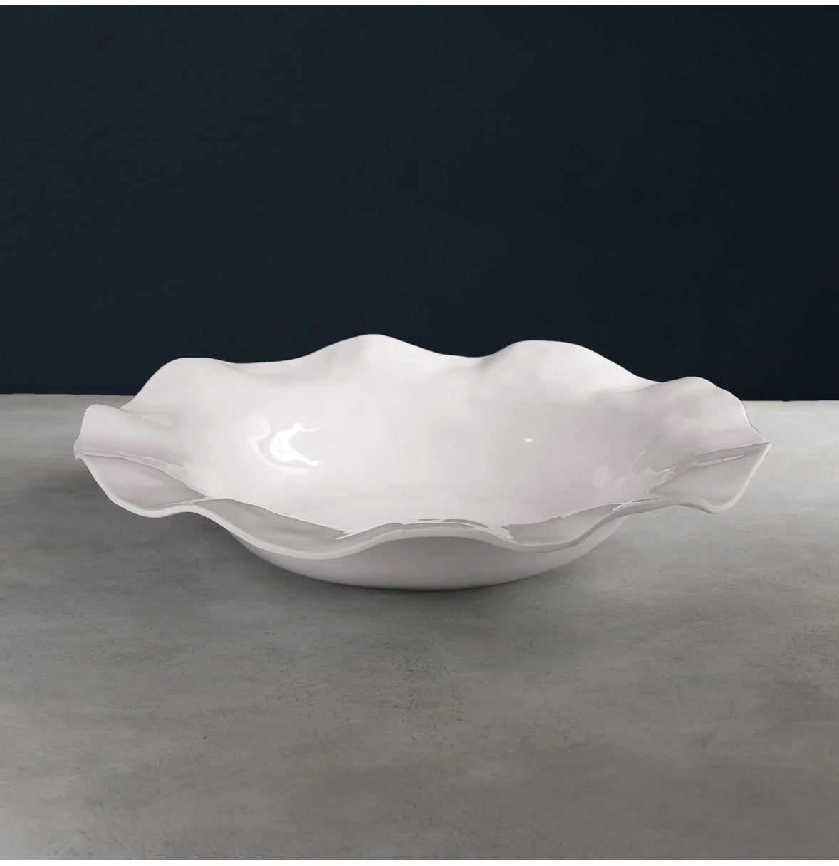 The Havana Extra Large Bowl: white luxury melamine, wavy ruffled edge. Available in extra large size.