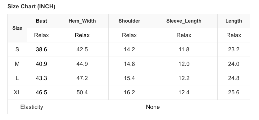 Size chart (inches) for Light Blue Gingham Floral Embroidered Puff Sleeve Blouse, sizes S-XL, no stretch, "Relax" fit.