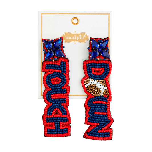 Gameday Beaded Earrings spell "HOUSE DIVIDED" in red, blue, white, gold beads with blue star tops. Sizes: One size.