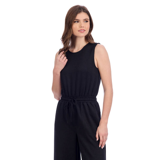 Sleeveless Atlas Jumpsuit with waist tie; available in XS–XL.