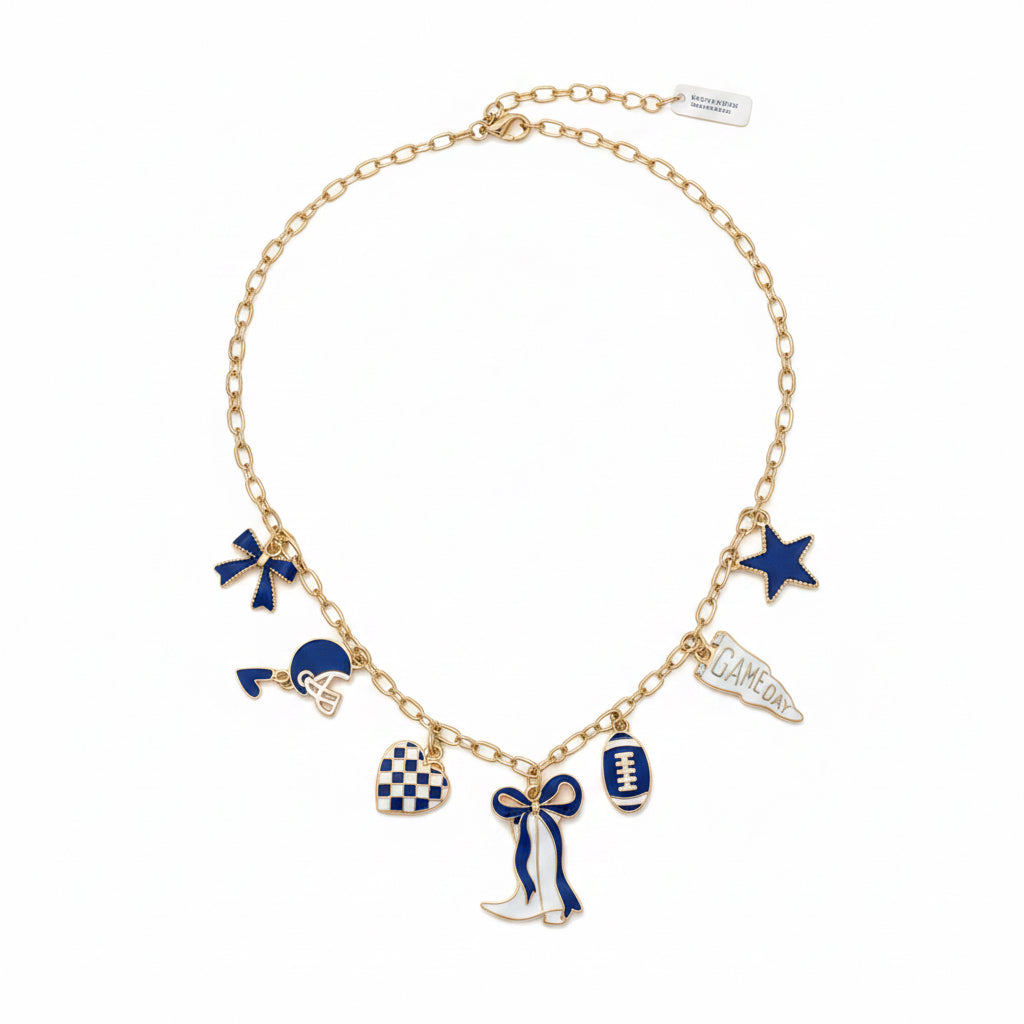 Game Day Necklaces feature a gold chain with blue and white football-themed charms: football, megaphone, star, pennant, and boots. Available in multiple sizes.