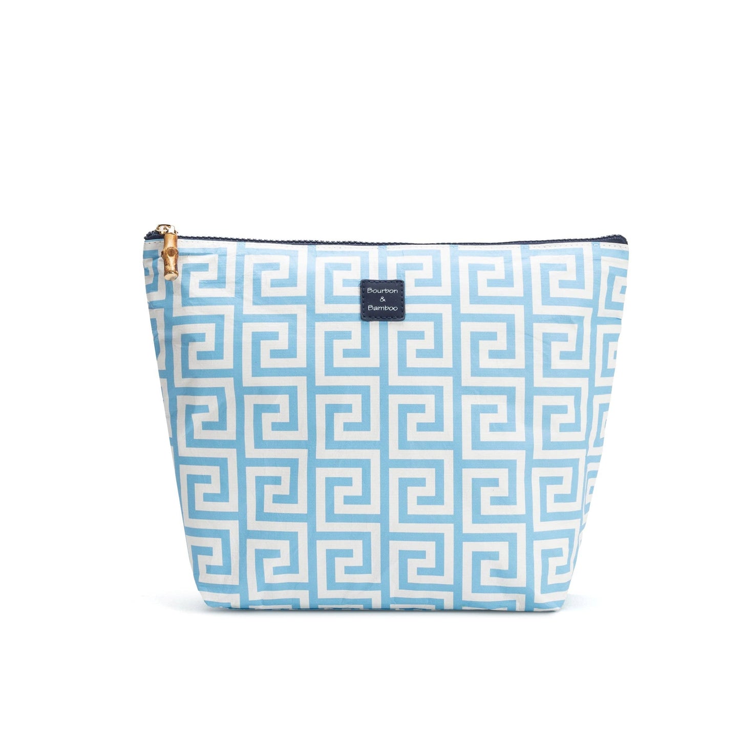 Large splash-proof makeup bag with blue and white Greek key pattern, black front label; available in large size.