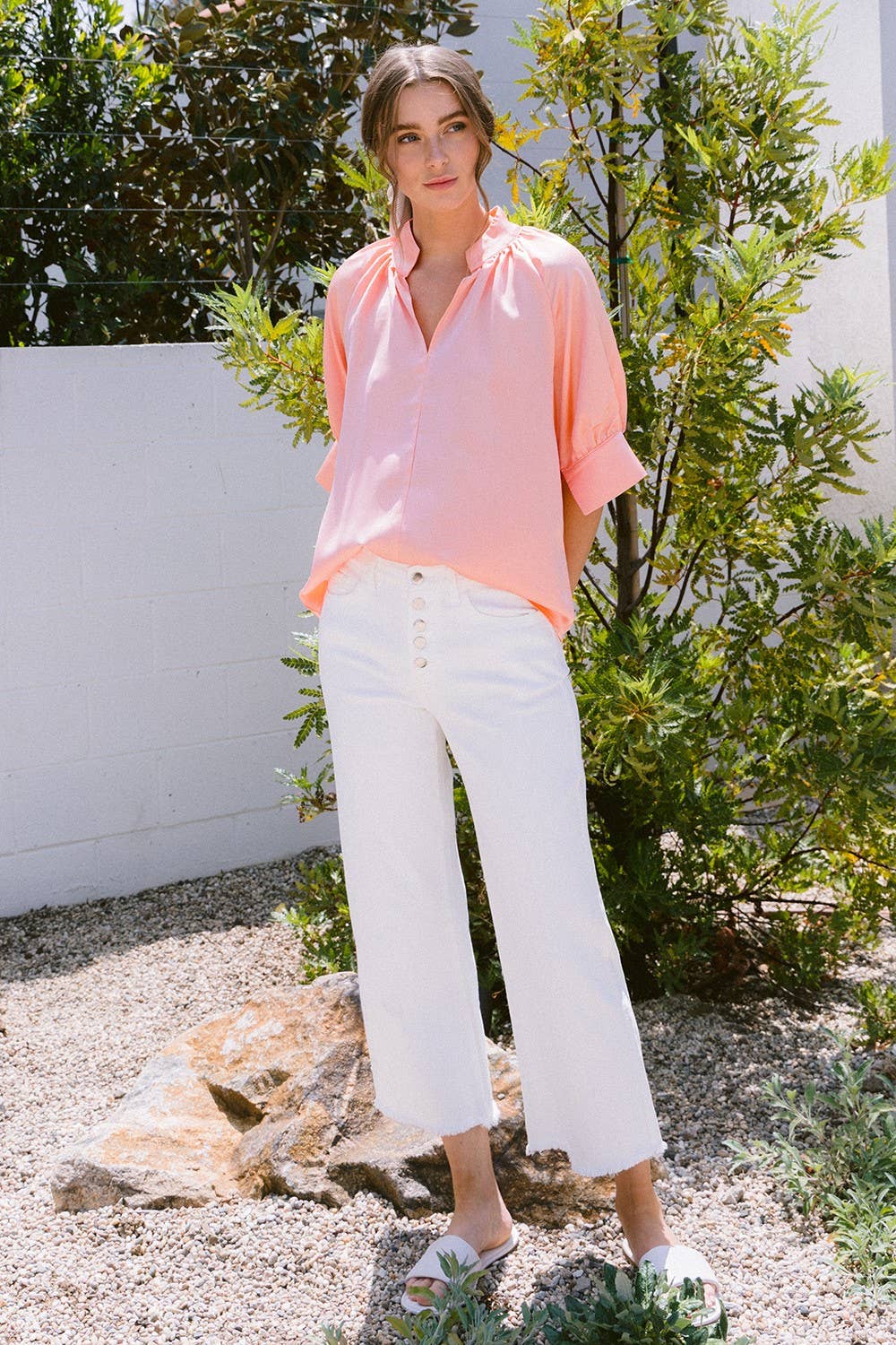 High Rise Stretch Button Up Wide Denim Jeans in white; available in sizes 24-32.