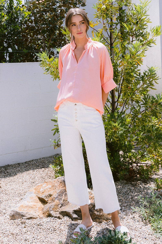 High Rise Stretch Button Up Wide Denim Jeans in white; available in sizes 24-32.