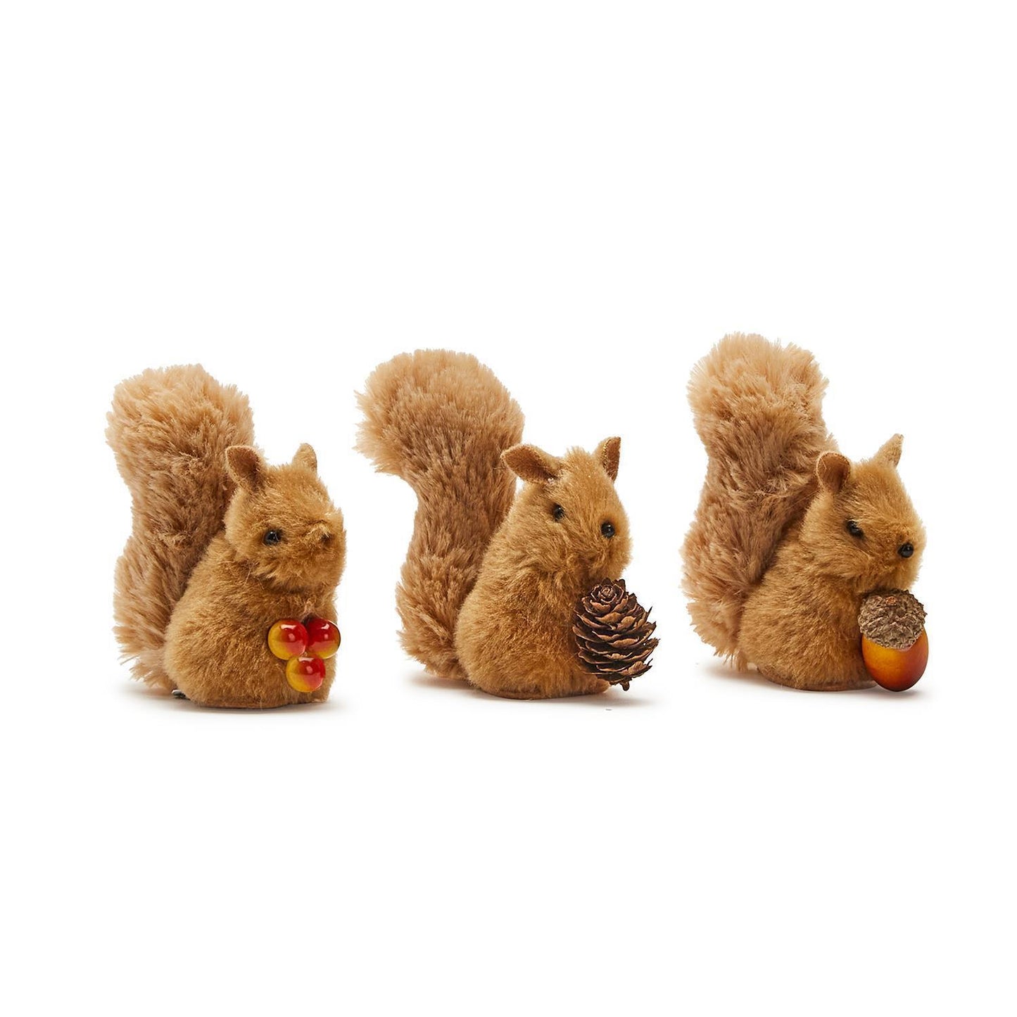 Three Festive Friends Squirrel Clip-on Ornaments with fluffy tails; sizes: 4", set includes red berries, pinecone, acorn.