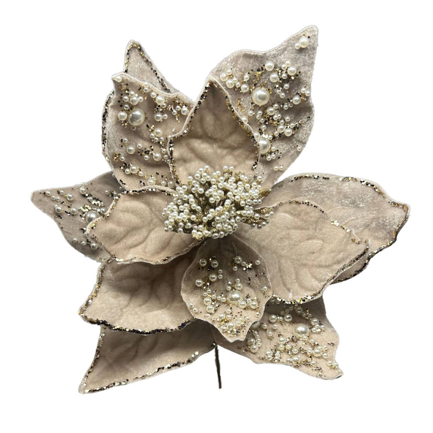 Pewter Velvet Pearl Poinsettia Stem 24”