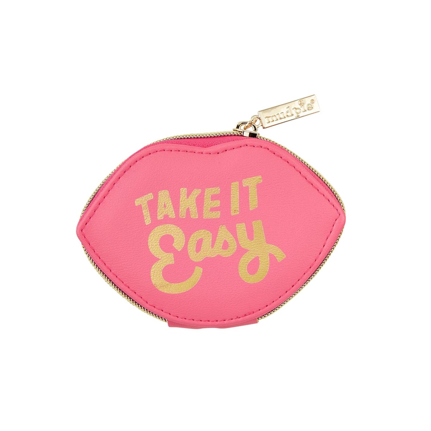 Pink Shaped Pill Case designed like lips with "Take It Easy" gold text. Features a divided plastic interior and foiled faux leather exterior. Includes a gold zipper pull with brand tag. Size: 3.5" x 2" x 1".