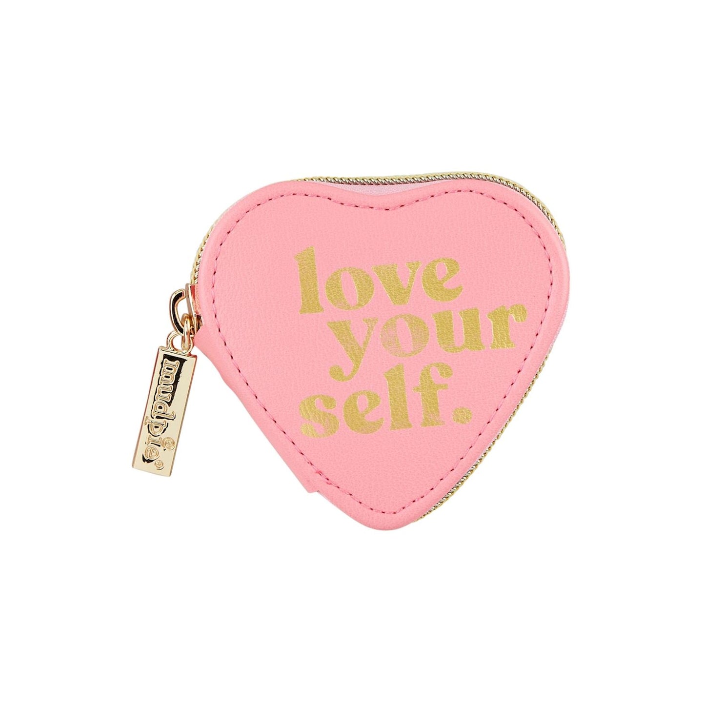 The Pink Shaped Pill Case is a heart-shaped coin purse made from foiled faux leather, featuring a gold zipper and "love your self." in gold lettering. It has a divided plastic interior for organizing essentials. Available in one size only.