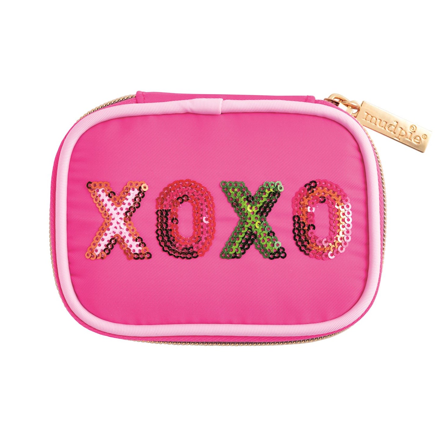 Small pink zippered pouch, "XOXO" in sequins, gold "mudpie" pull. Available in one size for pill storage.
