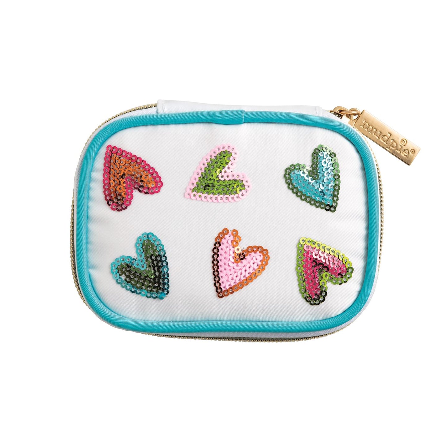 Small white pill case with turquoise border, six sequin hearts, gold zipper pull. Sizes available: Small.