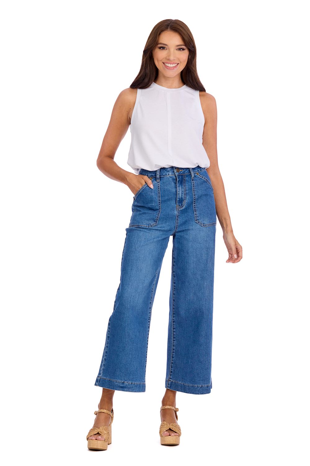 Fritz Cropped Wide Leg Jeans: High-waisted, stretch, wide-leg silhouette, oversized front pockets. Available sizes: 24-32 waist.