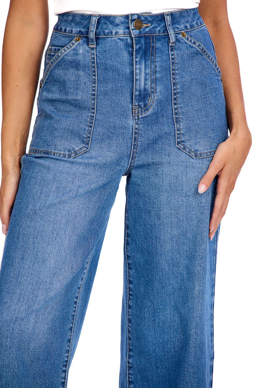 Fritz Cropped Wide Leg Jeans: High-waisted blue stretch denim, oversized front pockets, visible stitching. Available in sizes 24-32.