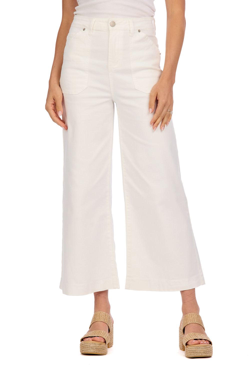 Fritz Cropped Wide Leg Jeans in white feature a high-rise fit with wide legs, cropped at the ankle. Available in sizes 24 to 32.