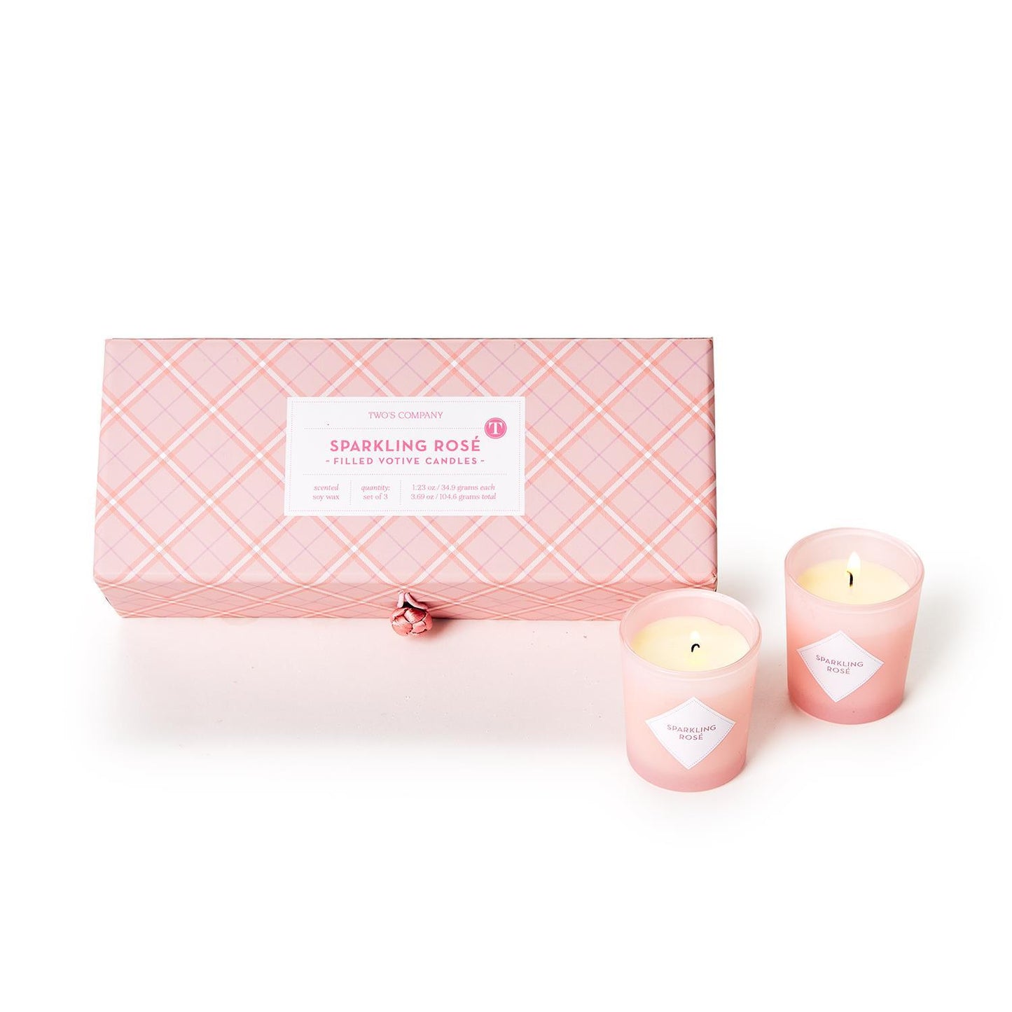 Set of 3 Pink Sugar Sparkling Rosé scented candles in a pink gift box with matching labels. Sizes: not specified.