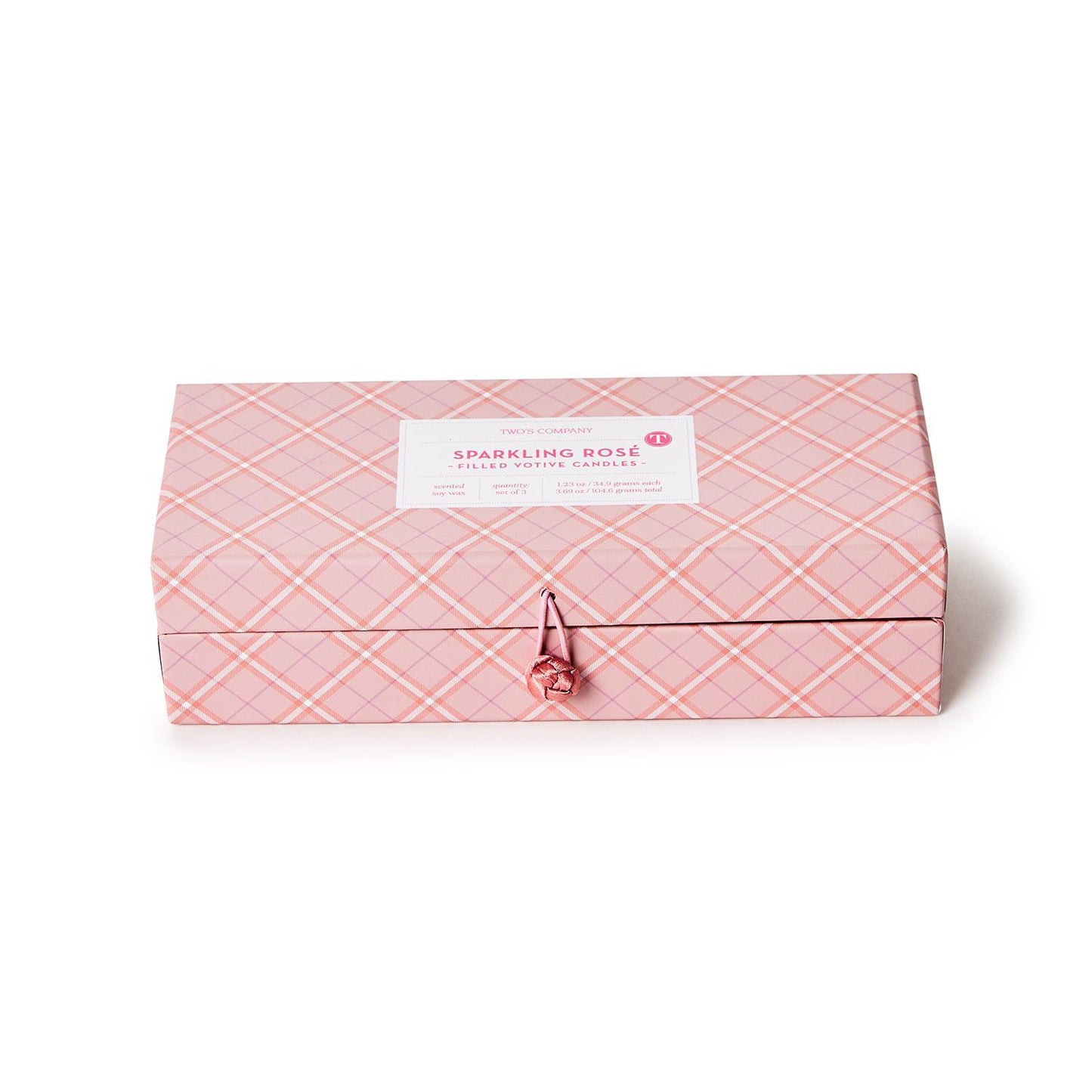 Rectangular pink box with diamond pattern, rose clasp, and "Sparkling Rosé" label holds set of 3 candles. Sizes: not specified.