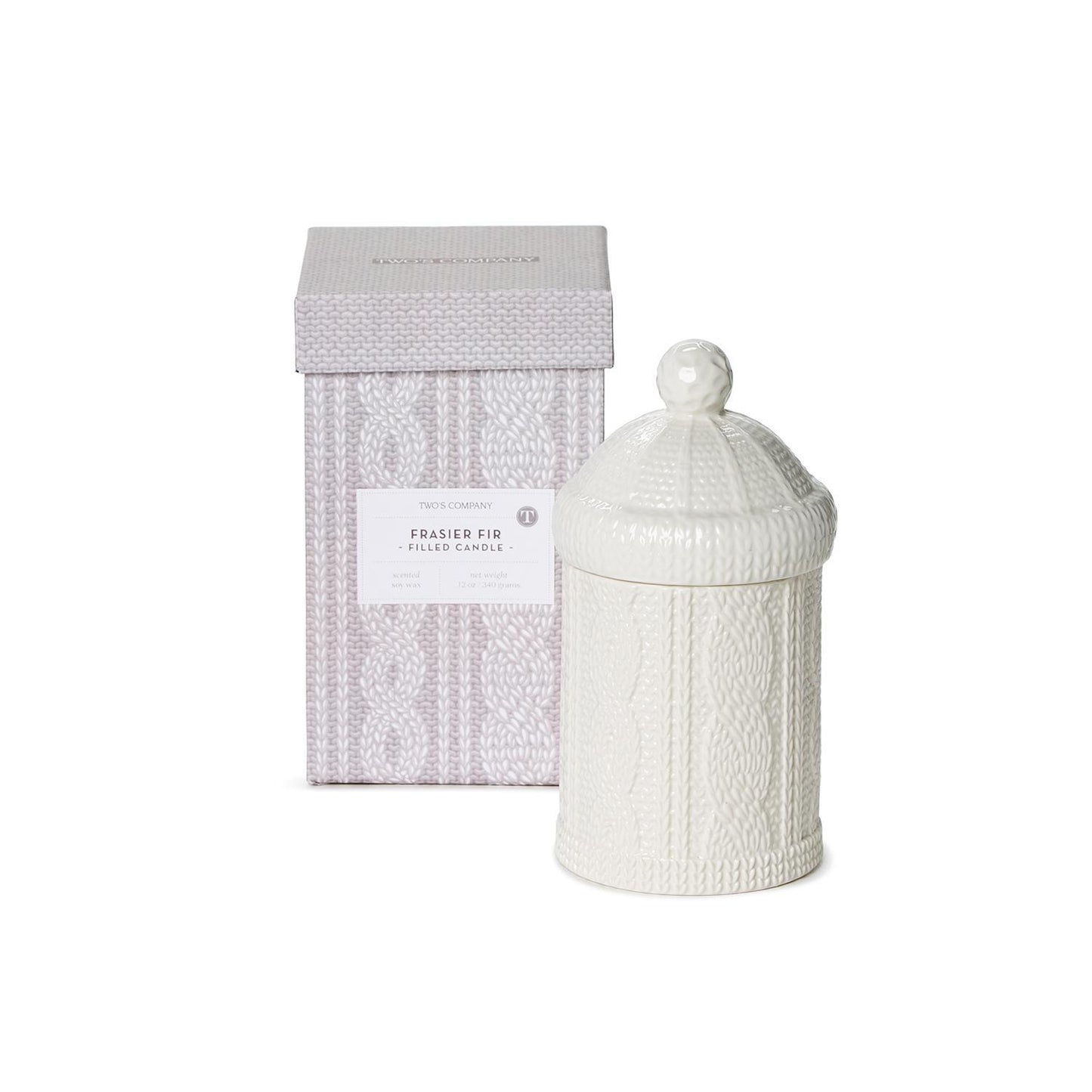 White cable knit lidded filled candle, Fraser Fir scent. Available in multiple sizes.