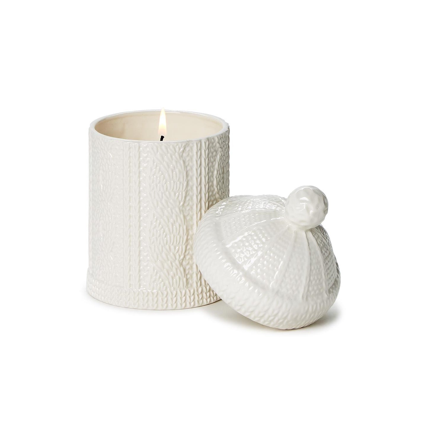 Cable Knit Lidded Fraser Fir Candle in textured ceramic jar with lid. Gift-boxed. Sizes: 8oz, 16oz.
