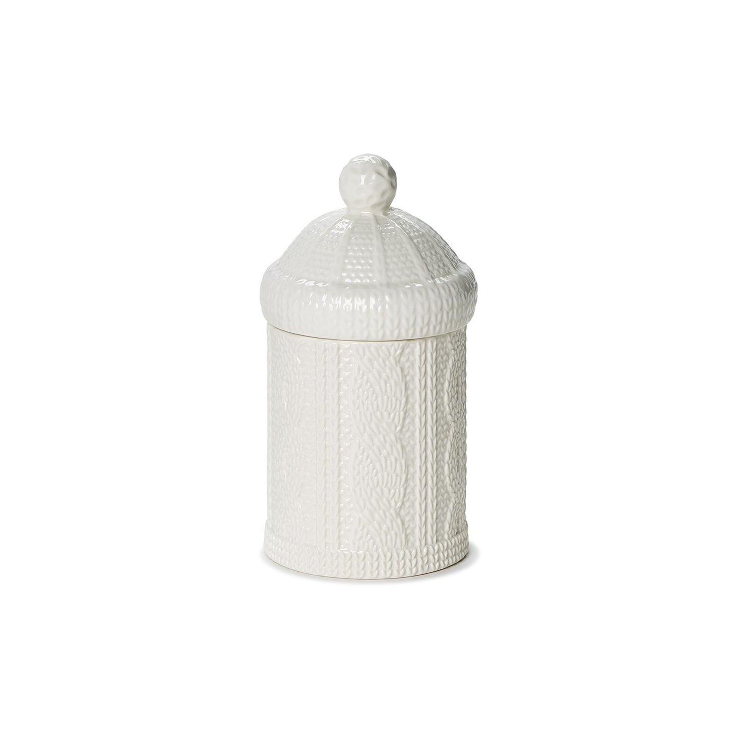 White ceramic cable knit candle with round knob lid and Fraser Fir scent; available in 8 oz and 16 oz sizes. Gift boxed.
