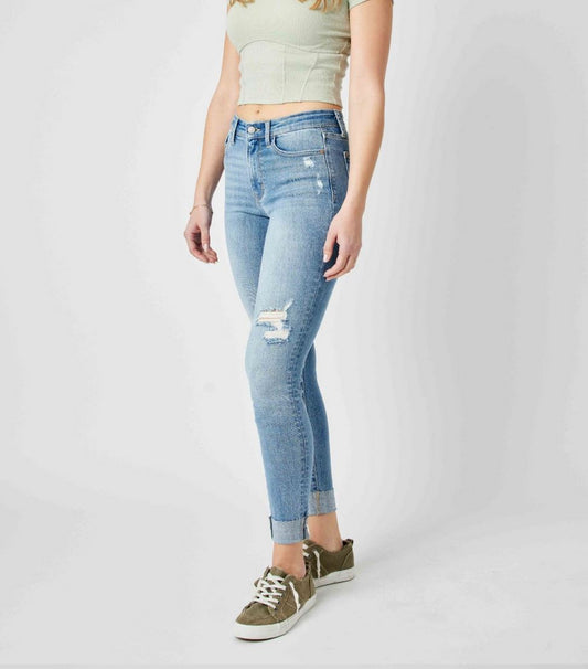 Judy Blue Mid Rise Destroy & Cuffed Skinny Jeans, ripped at knees, cuffed hems. Sizes: 0-24W.