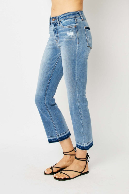 Judy Blue Mid Rise Release Hem Cropped Bootcut Denim Jeans, available in sizes 0-20.