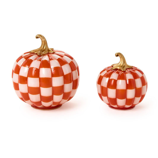 Checkered orange and white LED pumpkins with gold stems, available in large and small sizes.