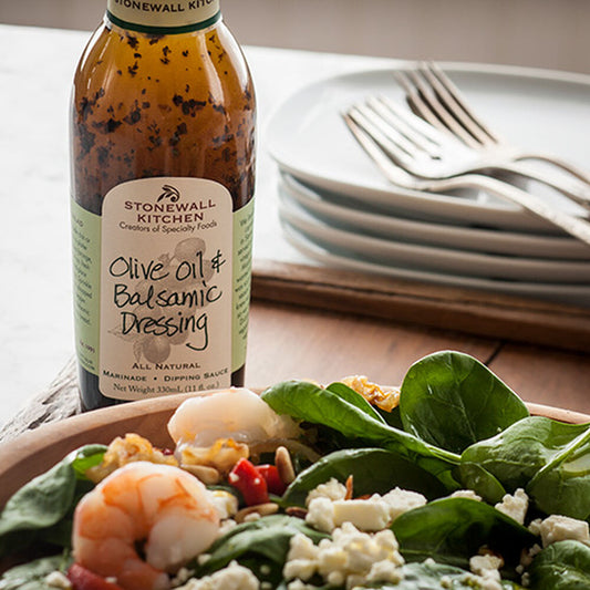 Olive Oil & Balsamic Dressing bottle, 11oz size, is featured. Available in 11oz.