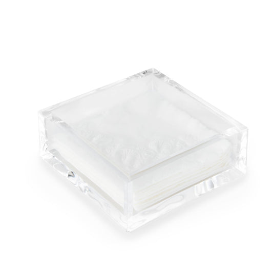 Deluxe Napkin Holder: 5x5. Holds white square cocktail napkins. Square shape with polished edges for a sleek, modern look. Neatly folded napkins ready for use.