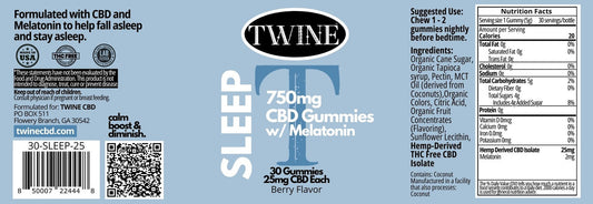 Sleep Gummies label: 750mg CBD with Melatonin, berry flavor. Contains usage directions, ingredients, nutrition facts, and certifications.