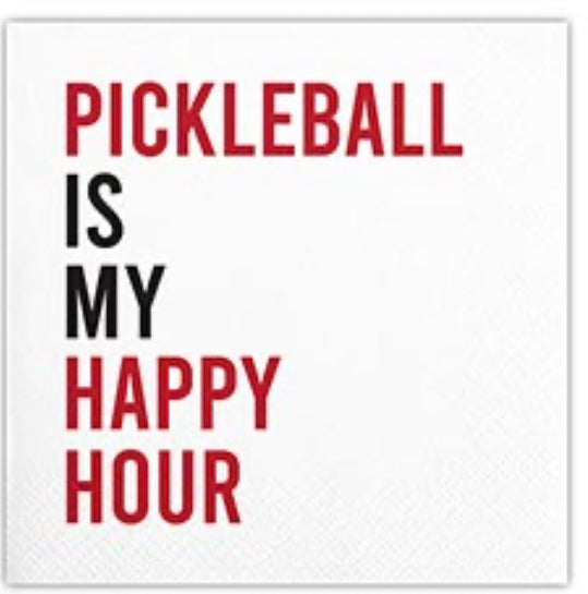 Pickleball Is My Happy Hour" text design in red and black on a white background. Perfect for cocktail napkins. Available sizes: Small, Medium, Large.