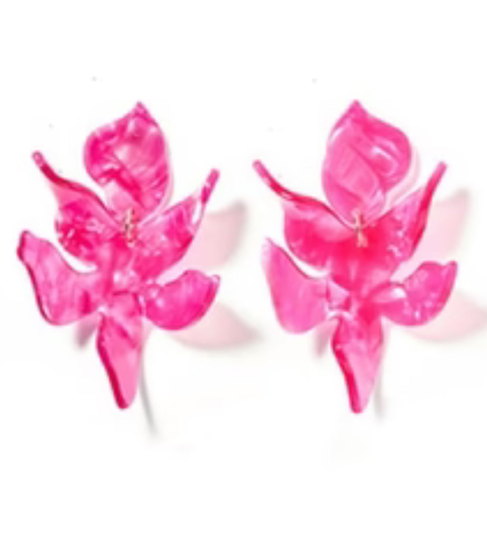 Two pink, translucent five-petal floral statement earrings, hypoallergenic, Chinoiserie-inspired. Available in S/M/L.