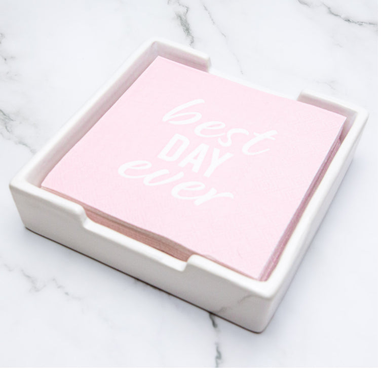 Pink 5" x 5" napkins with "best DAY ever" in white; available in 5"x5" size.