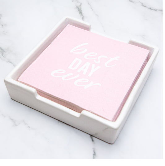 Pink 5" x 5" napkins with "best DAY ever" in white; available in 5"x5" size.