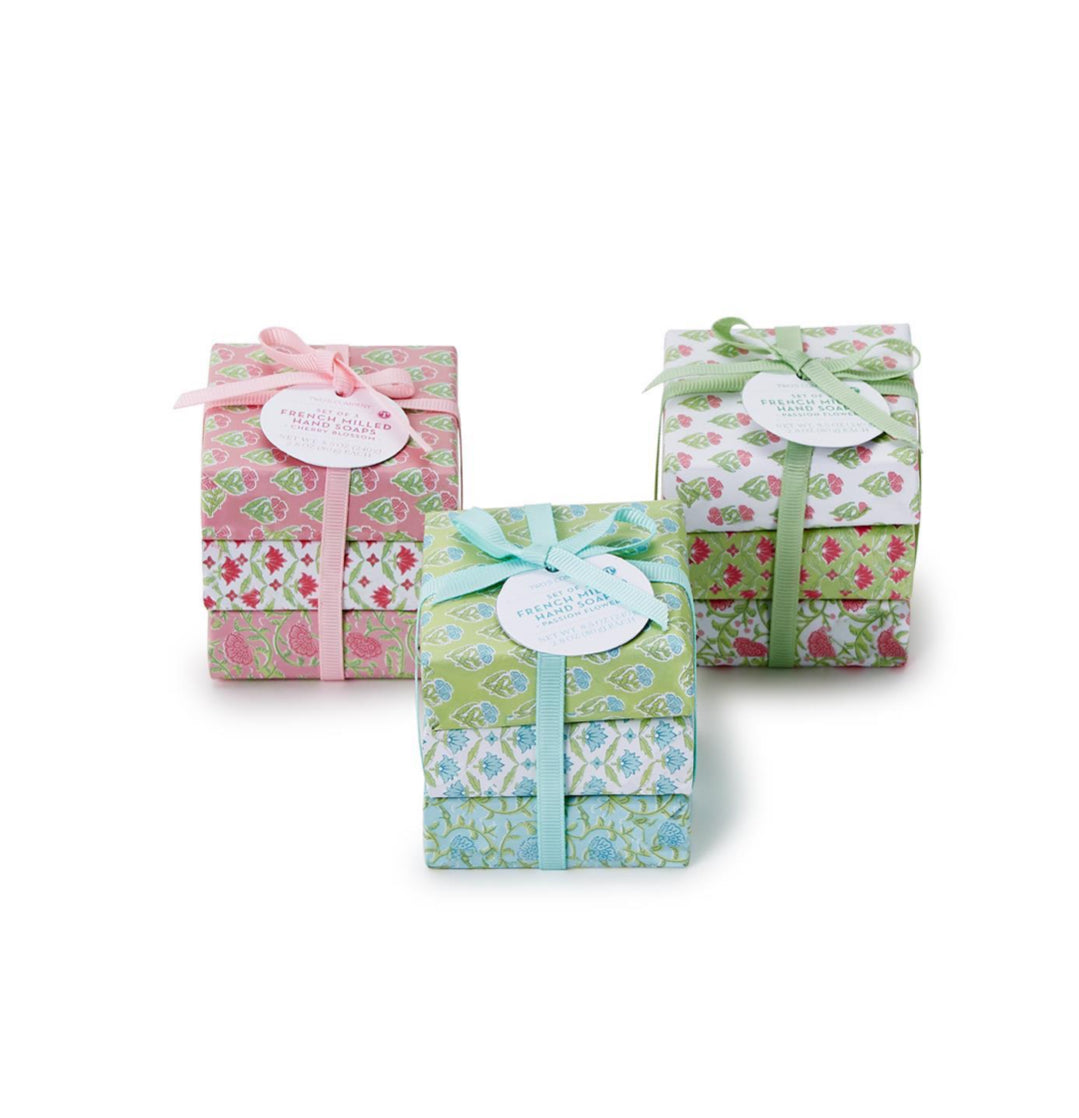 This product includes three Floral Block Wrapped Soaps. Each soap features an intricate floral block print pattern and is tied with a matching ribbon and personalized tag. The soaps are available in standard size.