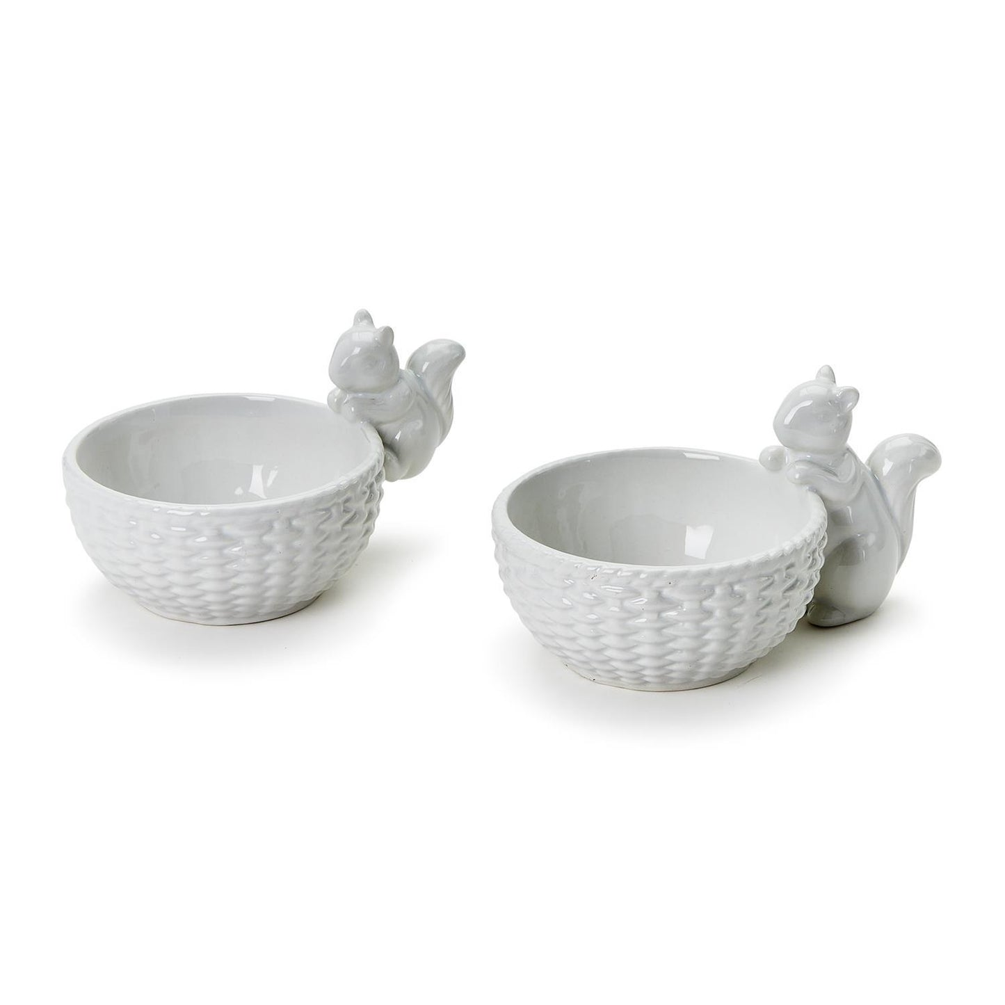 White Squirrel Tidbit Dish with woven texture, sculpted squirrel on rim. Available in small and large sizes.