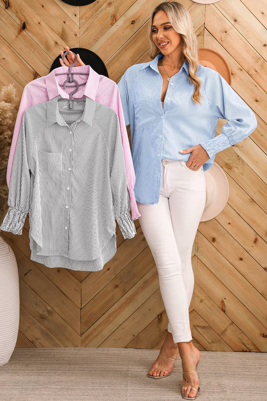 The smart curved striped boyfriend shirt has pockets it’s pink, which is perfect to wear a swimsuit cover up or a longer shirt. It’s button down and has a collar. It comes in small medium large