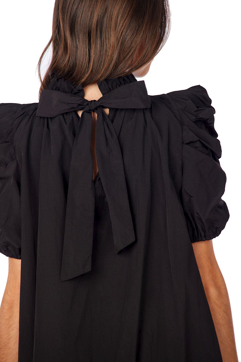 Black Roosevelt Party Dress with puff sleeves and large neckline bow. Available in sizes XS-XL.