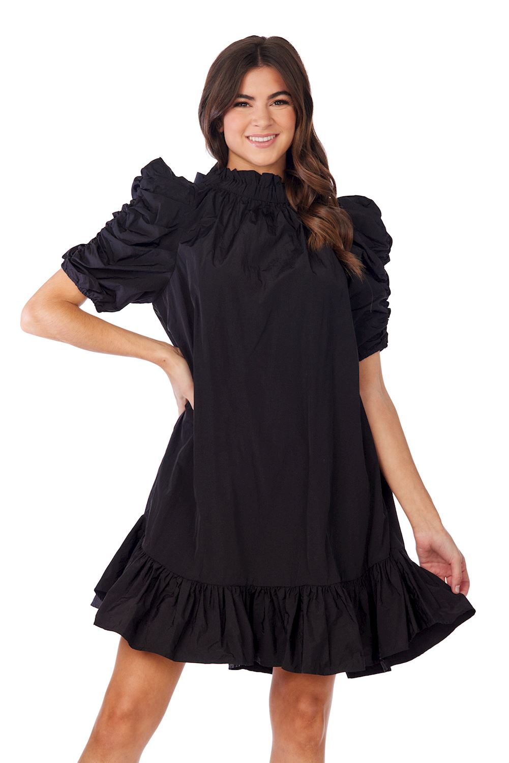 Black Roosevelt Party Dress with puffed short sleeves, high ruffled neckline, and ruffled hem. Available in sizes XS-XL.