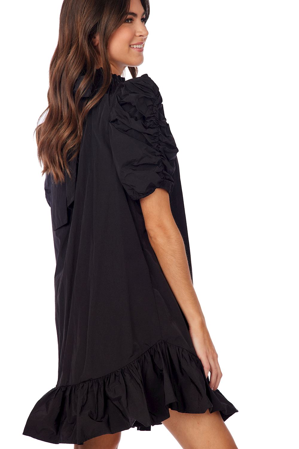 Black Roosevelt Party Dress with short puffed sleeves and a ruffled hem. Available in sizes XS–XL.