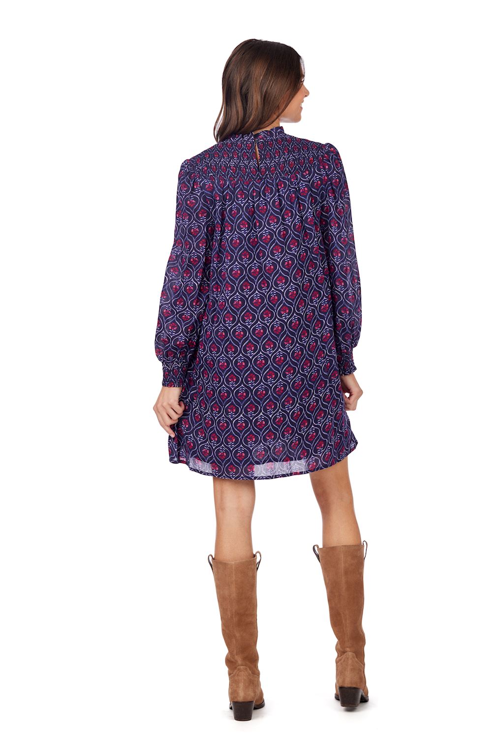 Navy Block Print Bennington Smocked Dress