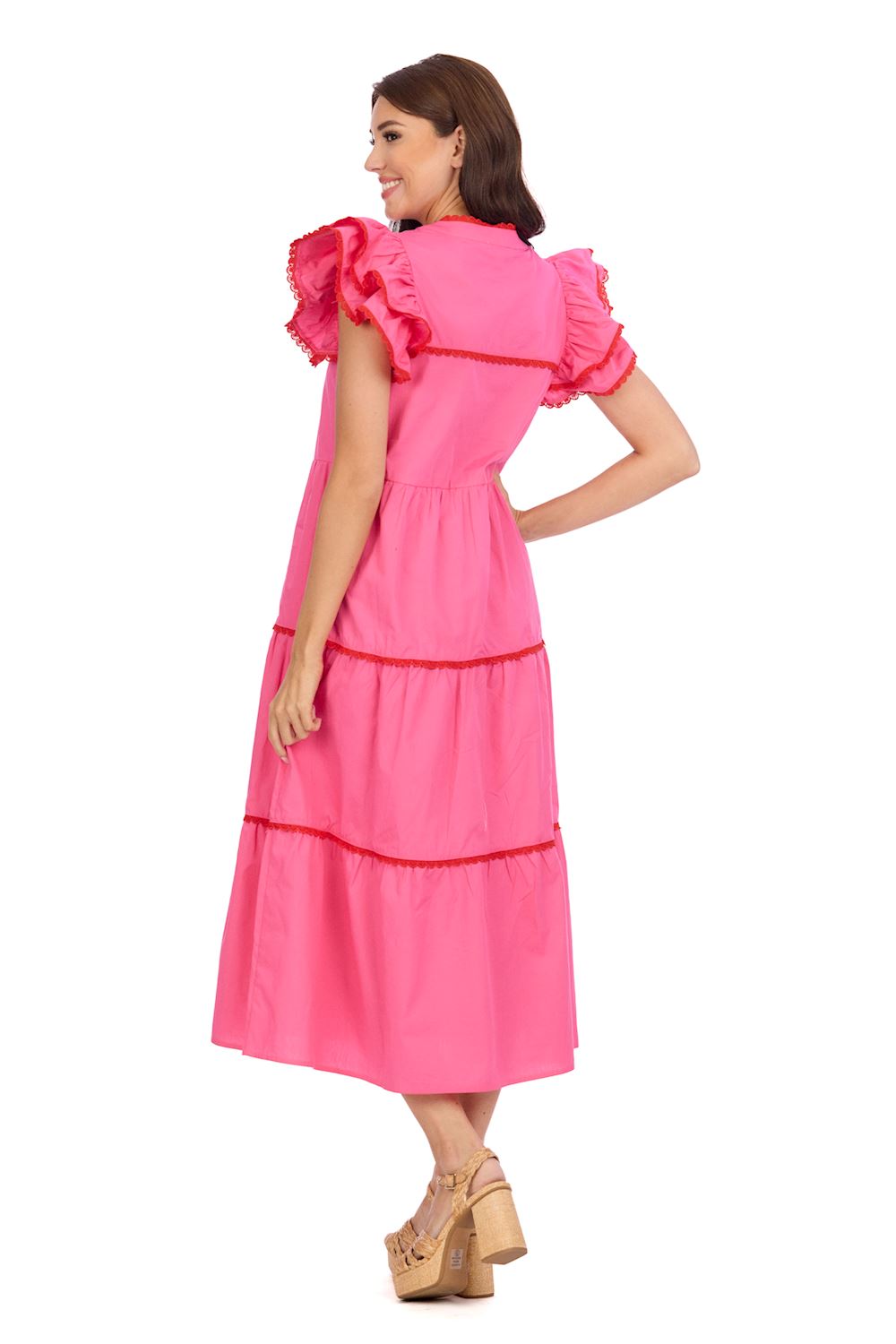 Pia Ric Rac Midi Dress: Bright pink tiered cotton poplin, ruffled sleeves. Available sizes: XS, S, M, L, XL.