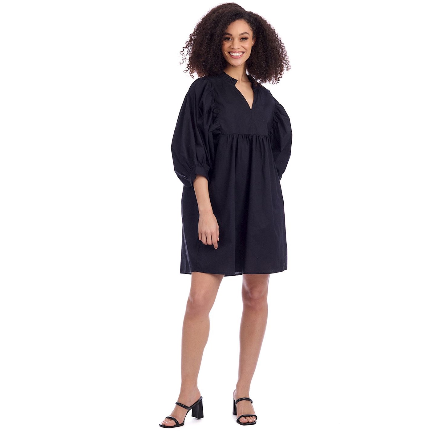 Black Shipley Dress—loose fit with puffy three-quarter sleeves. Available in sizes XS–XL.
